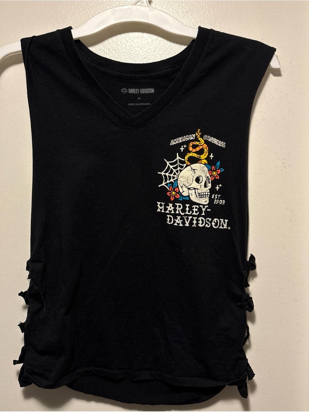 Harley-Davidson Black Tee with Skull, Yellow Snake & Colorful Flowers